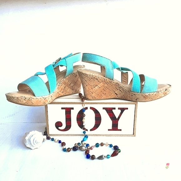 BØRN Leather Teal Cork Platform Ankle Strap Sandals - Picture 1 of 6